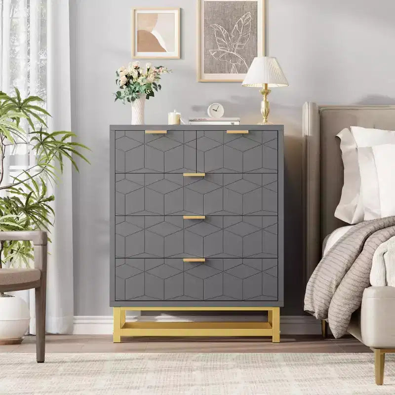 Cassettiera a 5 cassetti - Comò moderno grigio con base in metallo per camera da letto/soggiorno/cabina armadio (mobile contenitore, dimensioni non specificate)