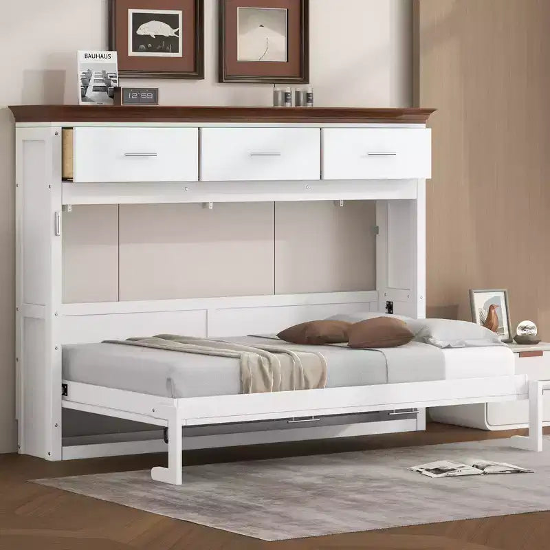 Letto a scomparsa matrimoniale con 3 cassetti, letto pieghevole a armadio, bianco