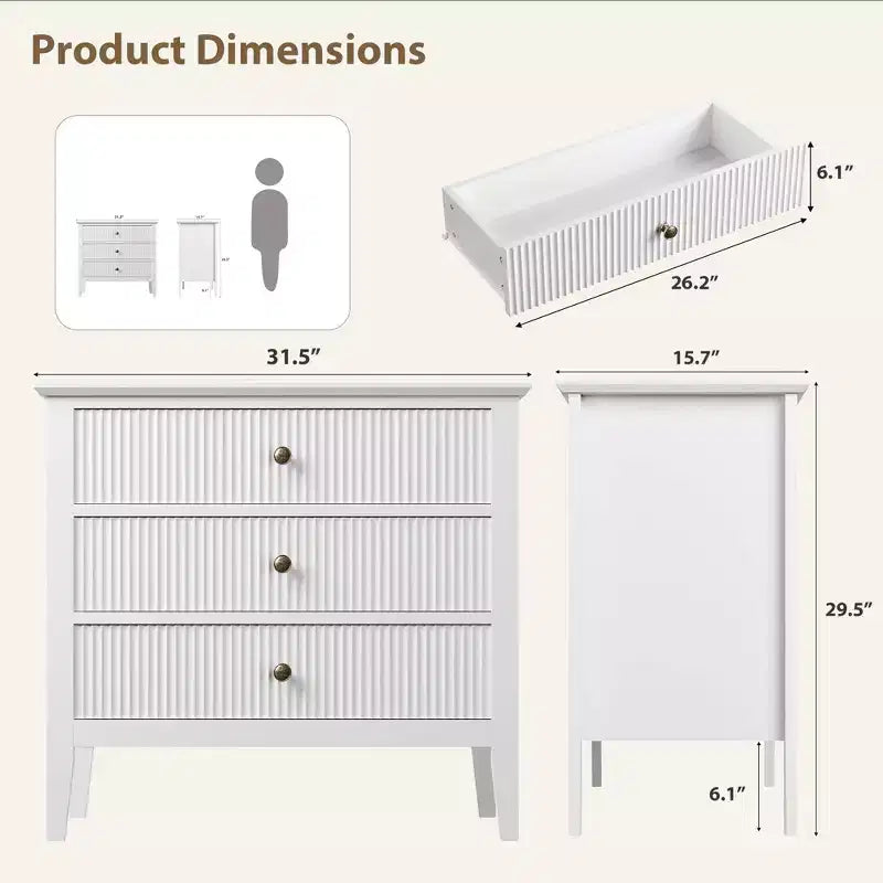 Comodino con 3 cassetti scanalati, comodino da 80 cm per camera da letto, cassettiera moderna in legno, comodino grande verniciato con 3 cassetti