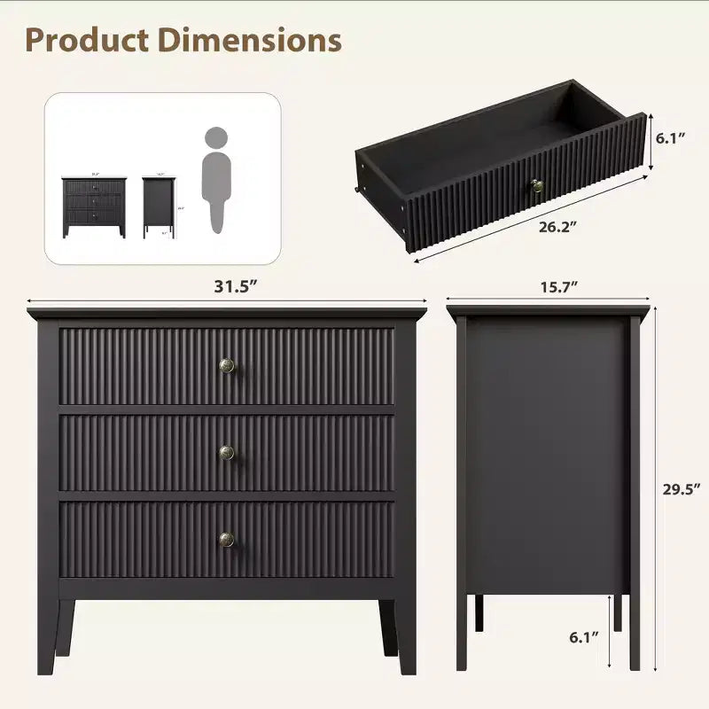 Comodino con 3 cassetti scanalati, comodino da 80 cm per camera da letto, cassettiera moderna in legno, comodino grande verniciato con 3 cassetti