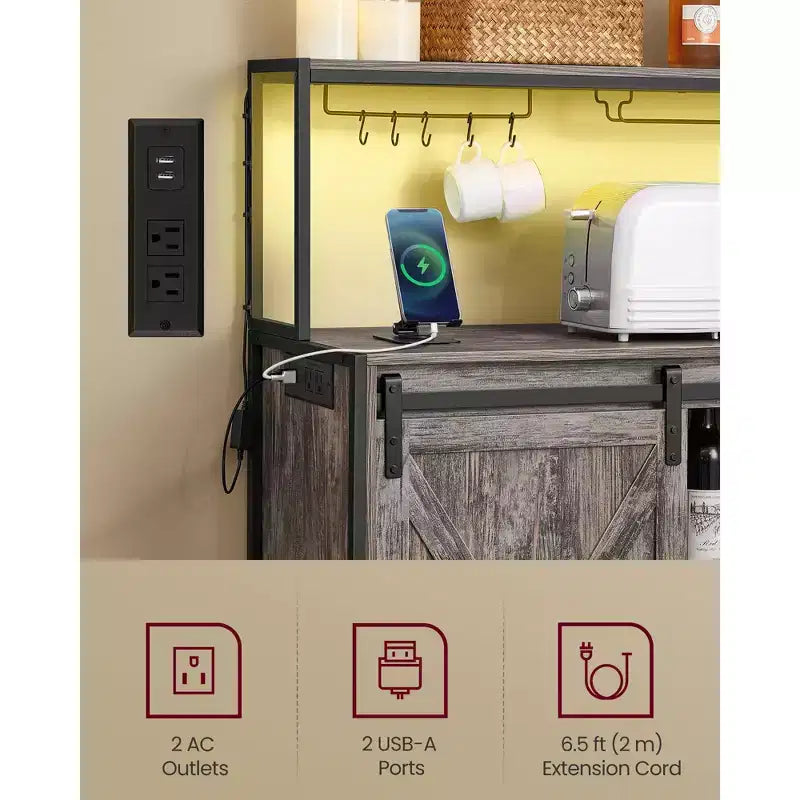 Mobile da caffè con illuminazione LED intelligente, ante scorrevoli a fienile, ganci a S, portabottiglie
