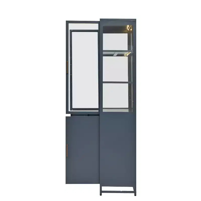 Credenza a Buffet Alta con Anta in Vetro e LED, Scaffali in Acciaio, Mobile Dispensa per Cucina/Ingresso/Soggiorno/Ufficio