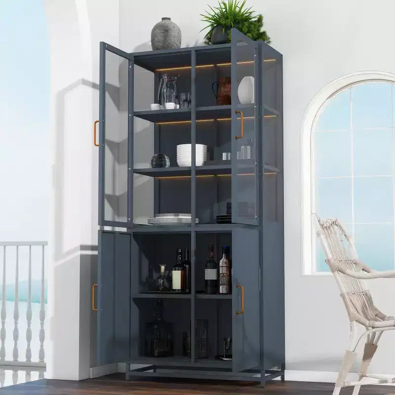 Credenza a Buffet Alta con Anta in Vetro e LED, Scaffali in Acciaio, Mobile Dispensa per Cucina/Ingresso/Soggiorno/Ufficio