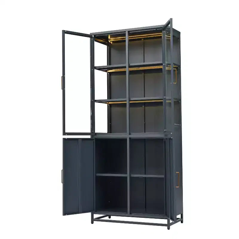 Credenza a Buffet Alta con Anta in Vetro e LED, Scaffali in Acciaio, Mobile Dispensa per Cucina/Ingresso/Soggiorno/Ufficio