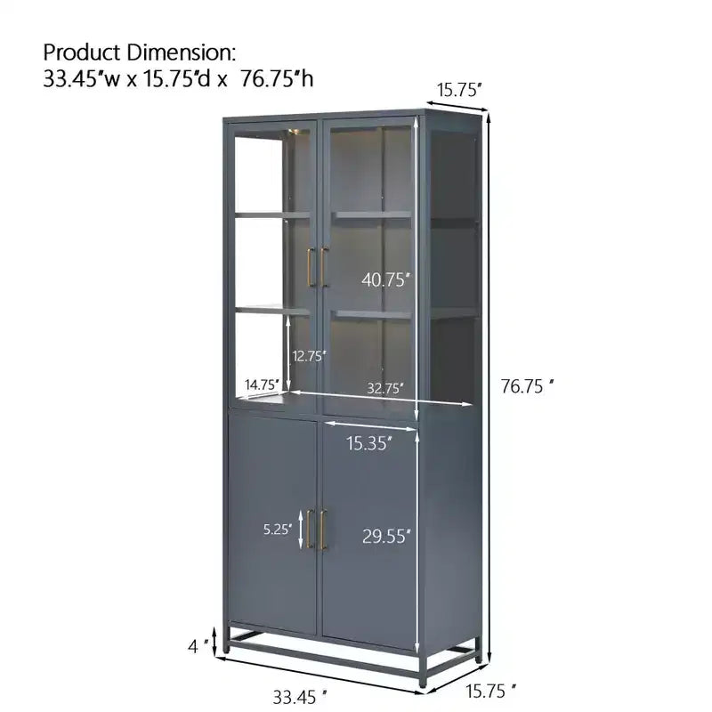 Credenza a Buffet Alta con Anta in Vetro e LED, Scaffali in Acciaio, Mobile Dispensa per Cucina/Ingresso/Soggiorno/Ufficio