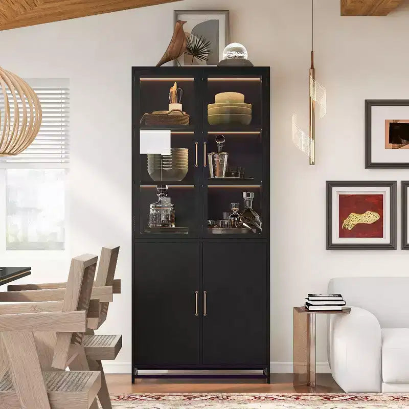 Credenza a Buffet Alta con Anta in Vetro e LED, Scaffali in Acciaio, Mobile Dispensa per Cucina/Ingresso/Soggiorno/Ufficio