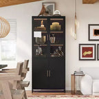 Credenza a Buffet Alta con Anta in Vetro e LED, Scaffali in Acciaio, Mobile Dispensa per Cucina/Ingresso/Soggiorno/Ufficio