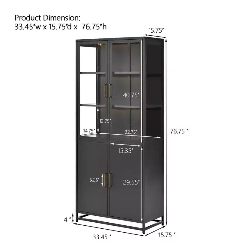 Credenza a Buffet Alta con Anta in Vetro e LED, Scaffali in Acciaio, Mobile Dispensa per Cucina/Ingresso/Soggiorno/Ufficio