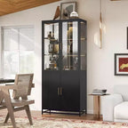 Credenza a Buffet Alta con Anta in Vetro e LED, Scaffali in Acciaio, Mobile Dispensa per Cucina/Ingresso/Soggiorno/Ufficio