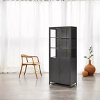Credenza a Buffet Alta con Anta in Vetro e LED, Scaffali in Acciaio, Mobile Dispensa per Cucina/Ingresso/Soggiorno/Ufficio