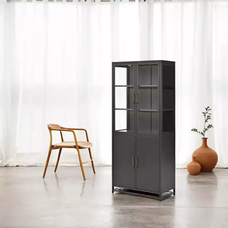 Credenza a Buffet Alta con Anta in Vetro e LED, Scaffali in Acciaio, Mobile Dispensa per Cucina/Ingresso/Soggiorno/Ufficio