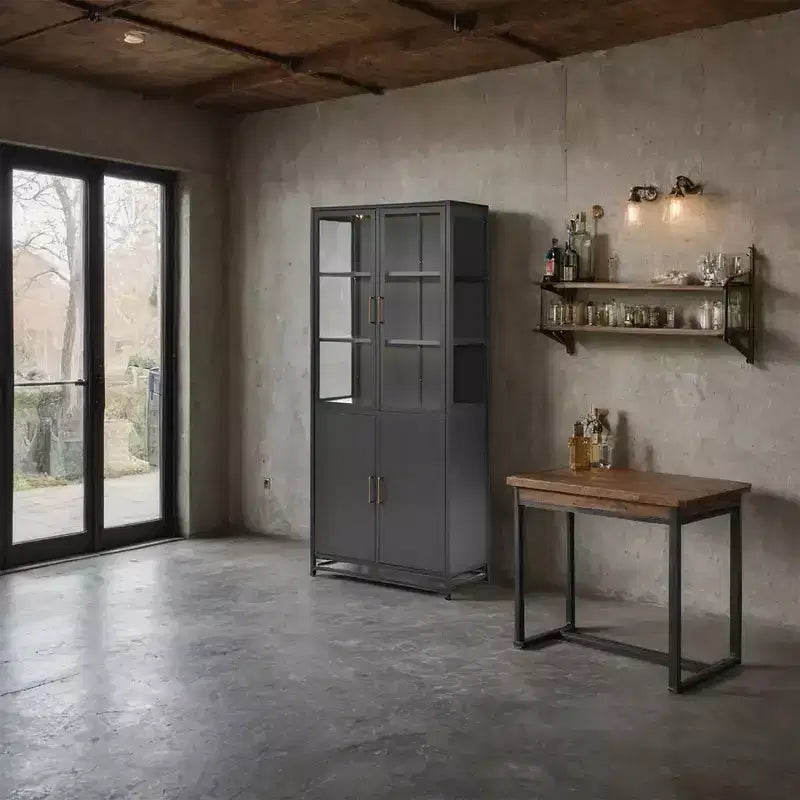 Credenza a Buffet Alta con Anta in Vetro e LED, Scaffali in Acciaio, Mobile Dispensa per Cucina/Ingresso/Soggiorno/Ufficio