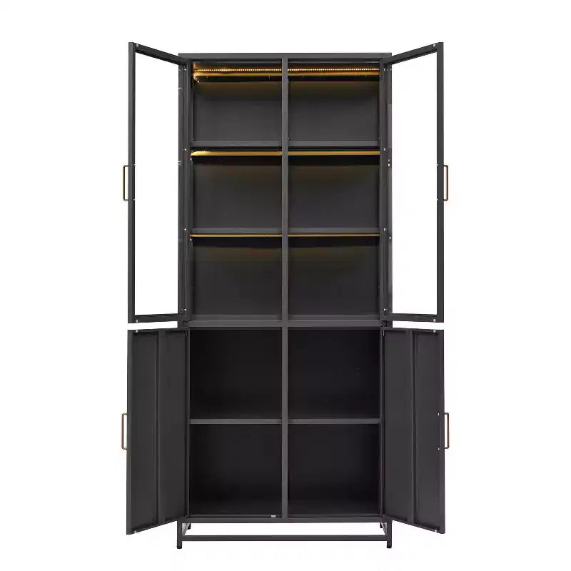 Credenza a Buffet Alta con Anta in Vetro e LED, Scaffali in Acciaio, Mobile Dispensa per Cucina/Ingresso/Soggiorno/Ufficio