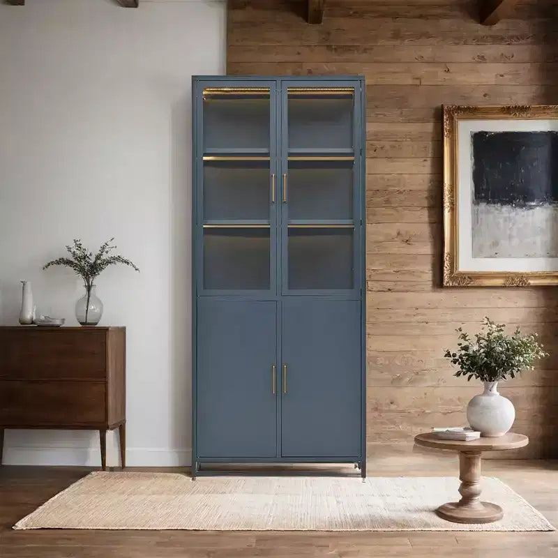 Credenza a Buffet Alta con Anta in Vetro e LED, Scaffali in Acciaio, Mobile Dispensa per Cucina/Ingresso/Soggiorno/Ufficio