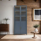 Credenza a Buffet Alta con Anta in Vetro e LED, Scaffali in Acciaio, Mobile Dispensa per Cucina/Ingresso/Soggiorno/Ufficio