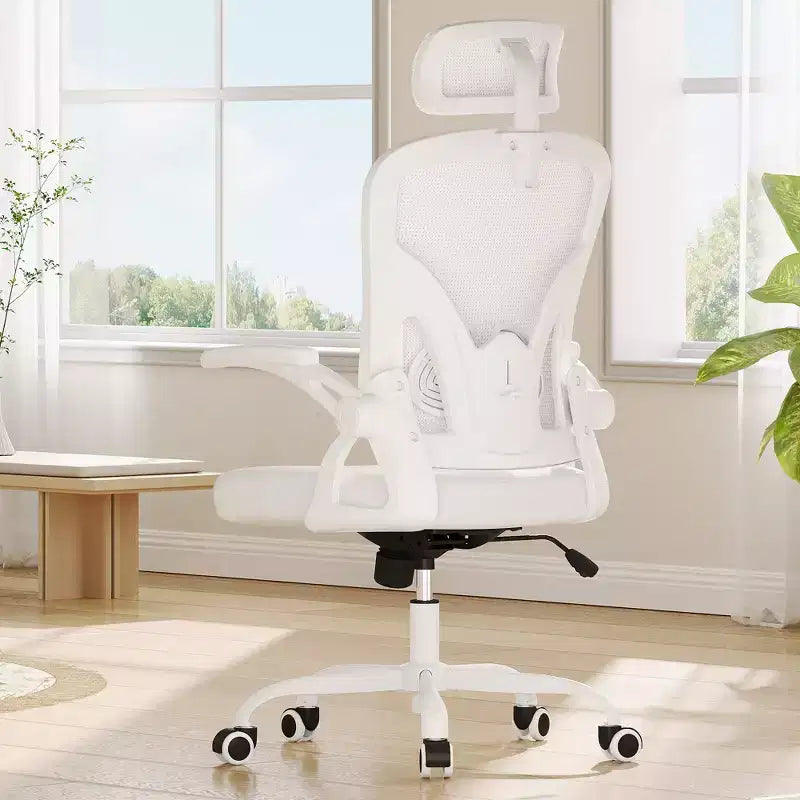 Sedia Ergonomica da Ufficio per Casa - Con Poggiatesta, Braccioli Ribaltabili e Supporto Lombare Regolabile (Bianca)