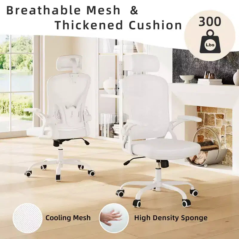 Sedia Ergonomica da Ufficio per Casa - Con Poggiatesta, Braccioli Ribaltabili e Supporto Lombare Regolabile (Bianca)