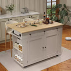 Isola da Cucina con Cassetti, Carrello da Cucina su Ruote con Presa Elettrica, Isole Portatili in Legno Massello su Ruote con Armadietto e Cassetti
