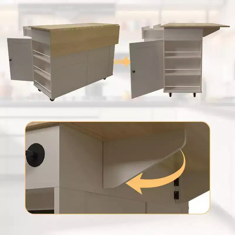 Isola da Cucina con Cassetti, Carrello da Cucina su Ruote con Presa Elettrica, Isole Portatili in Legno Massello su Ruote con Armadietto e Cassetti