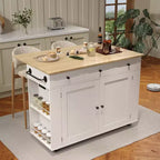 Isola da Cucina con Cassetti, Carrello da Cucina su Ruote con Presa Elettrica, Isole Portatili in Legno Massello su Ruote con Armadietto e Cassetti