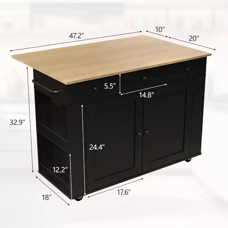 Isola da Cucina con Cassetti, Carrello da Cucina su Ruote con Presa Elettrica, Isole Portatili in Legno Massello su Ruote con Armadietto e Cassetti