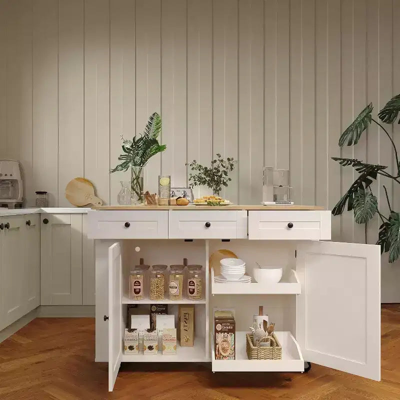 Isola da Cucina con Cassetti, Carrello da Cucina su Ruote con Presa Elettrica, Isole Portatili in Legno Massello su Ruote con Armadietto e Cassetti