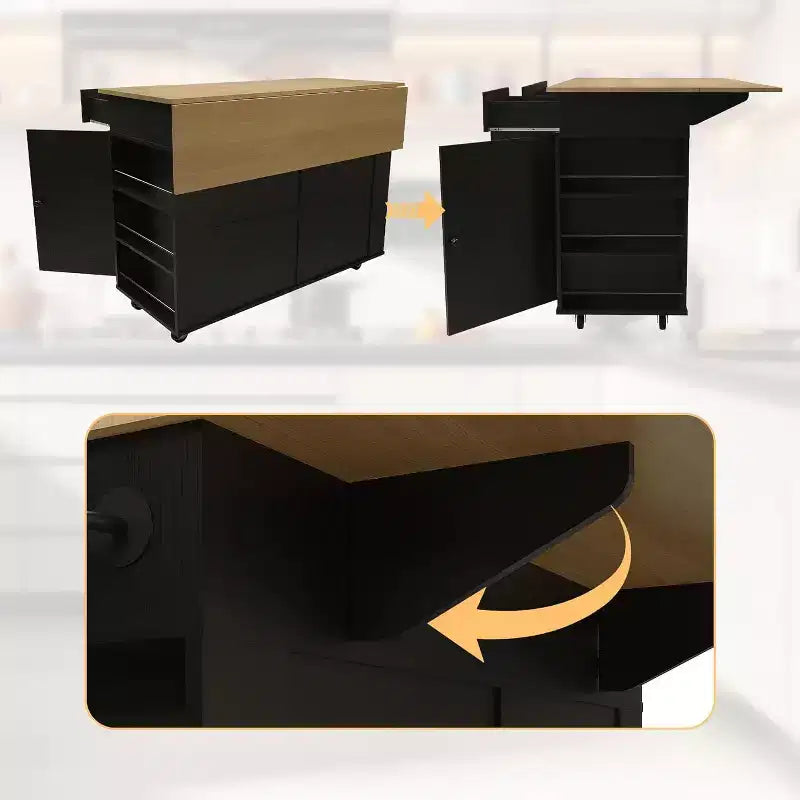Isola da Cucina con Cassetti, Carrello da Cucina su Ruote con Presa Elettrica, Isole Portatili in Legno Massello su Ruote con Armadietto e Cassetti