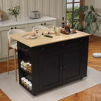 Isola da Cucina con Cassetti, Carrello da Cucina su Ruote con Presa Elettrica, Isole Portatili in Legno Massello su Ruote con Armadietto e Cassetti