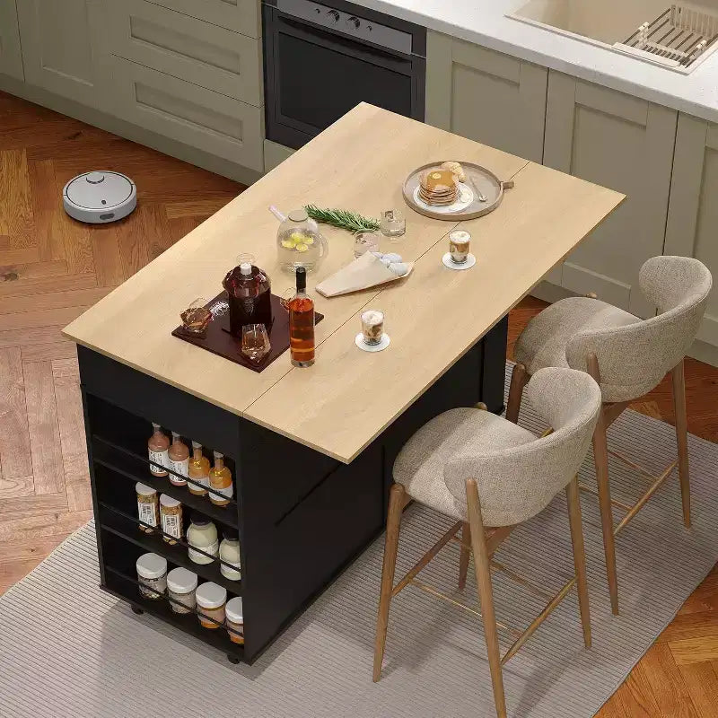 Isola da Cucina con Cassetti, Carrello da Cucina su Ruote con Presa Elettrica, Isole Portatili in Legno Massello su Ruote con Armadietto e Cassetti