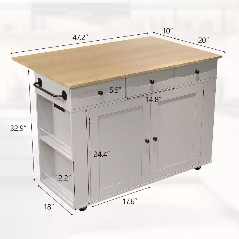 Isola da Cucina con Cassetti, Carrello da Cucina su Ruote con Presa Elettrica, Isole Portatili in Legno Massello su Ruote con Armadietto e Cassetti