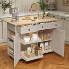 Isola da Cucina con Cassetti, Carrello da Cucina su Ruote con Presa Elettrica, Isole Portatili in Legno Massello su Ruote con Armadietto e Cassetti