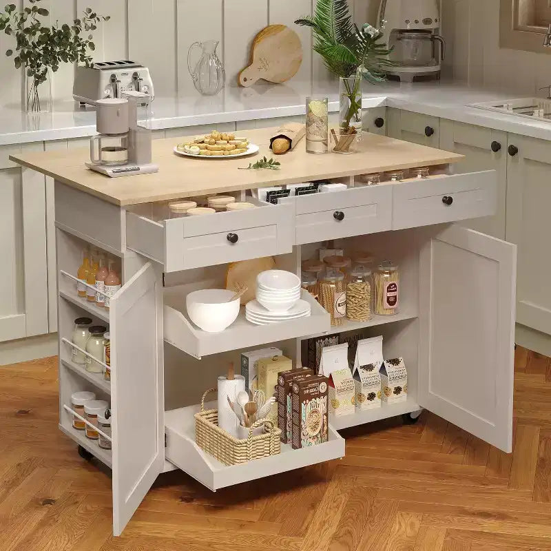 Isola da Cucina con Cassetti, Carrello da Cucina su Ruote con Presa Elettrica, Isole Portatili in Legno Massello su Ruote con Armadietto e Cassetti