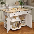 Isola da Cucina con Cassetti, Carrello da Cucina su Ruote con Presa Elettrica, Isole Portatili in Legno Massello su Ruote con Armadietto e Cassetti