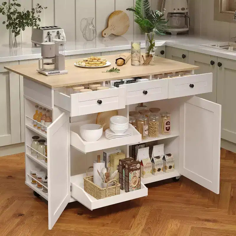 Isola da Cucina con Cassetti, Carrello da Cucina su Ruote con Presa Elettrica, Isole Portatili in Legno Massello su Ruote con Armadietto e Cassetti