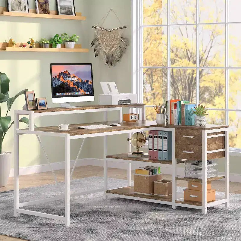 Scrivania ad Angolo Moderna per Computer con Mensole Aperte, Scrivania Multifunzionale per Studio, Ufficio, Studio