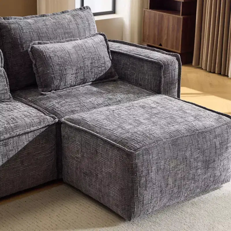 Divano componibile a 3 posti a L senza struttura in ciniglia grigio con braccioli quadrati e pouf, larghezza 110 pollici