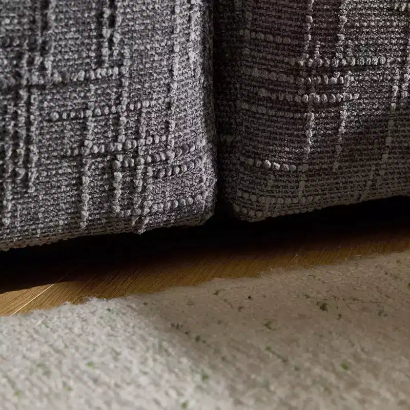 Divano componibile a 3 posti a L senza struttura in ciniglia grigio con braccioli quadrati e pouf, larghezza 110 pollici