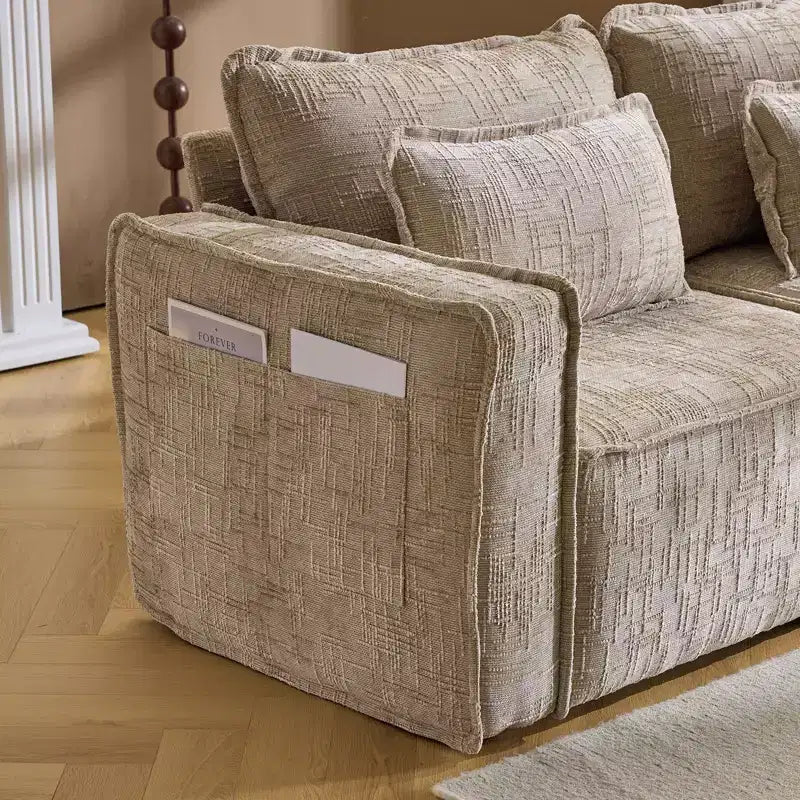 Divano componibile a 3 posti a L senza struttura in ciniglia grigio con braccioli quadrati e pouf, larghezza 110 pollici