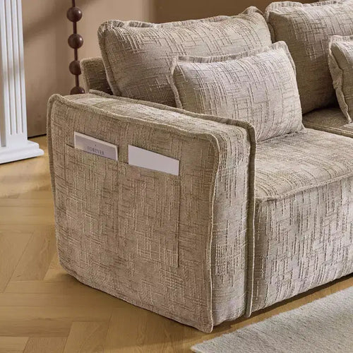 Divano componibile a 3 posti a L senza struttura in ciniglia grigio con braccioli quadrati e pouf, larghezza 110 pollici