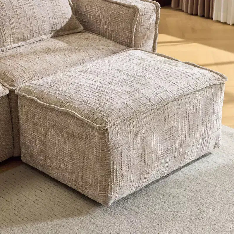 Divano componibile a 3 posti a L senza struttura in ciniglia grigio con braccioli quadrati e pouf, larghezza 110 pollici