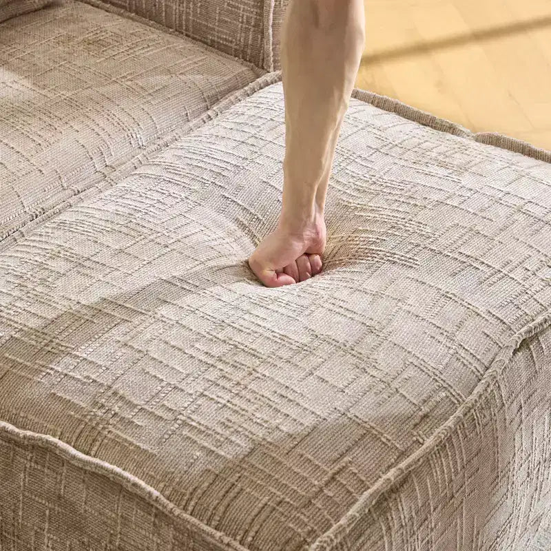 Divano componibile a 3 posti a L senza struttura in ciniglia grigio con braccioli quadrati e pouf, larghezza 110 pollici