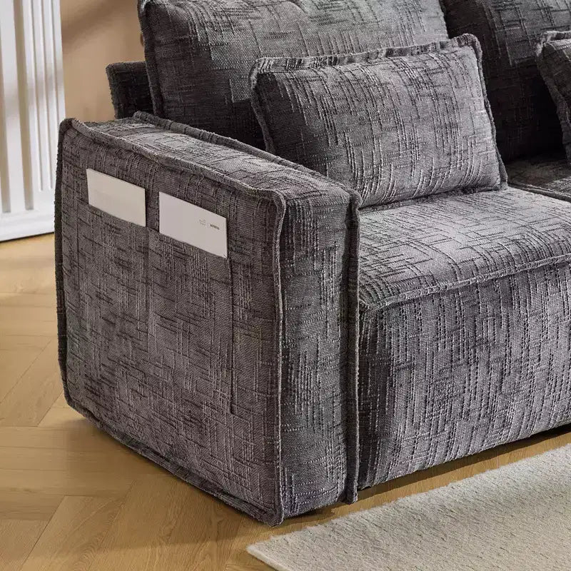 Divano componibile a 3 posti a L senza struttura in ciniglia grigio con braccioli quadrati e pouf, larghezza 110 pollici