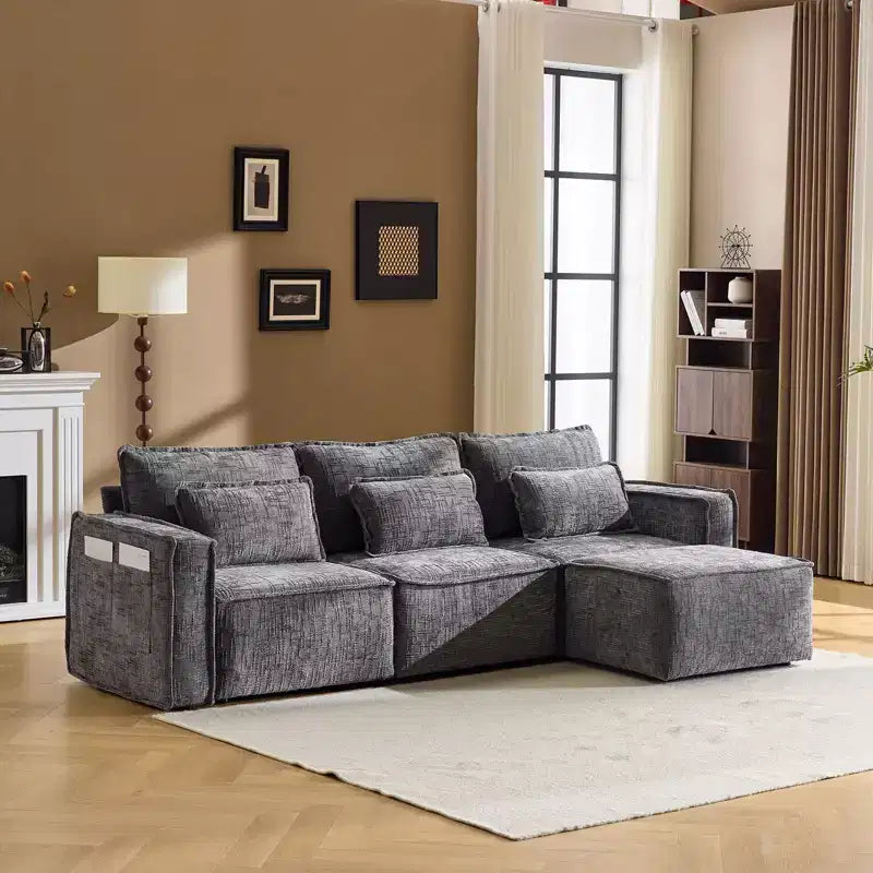 Divano componibile a 3 posti a L senza struttura in ciniglia grigio con braccioli quadrati e pouf, larghezza 110 pollici