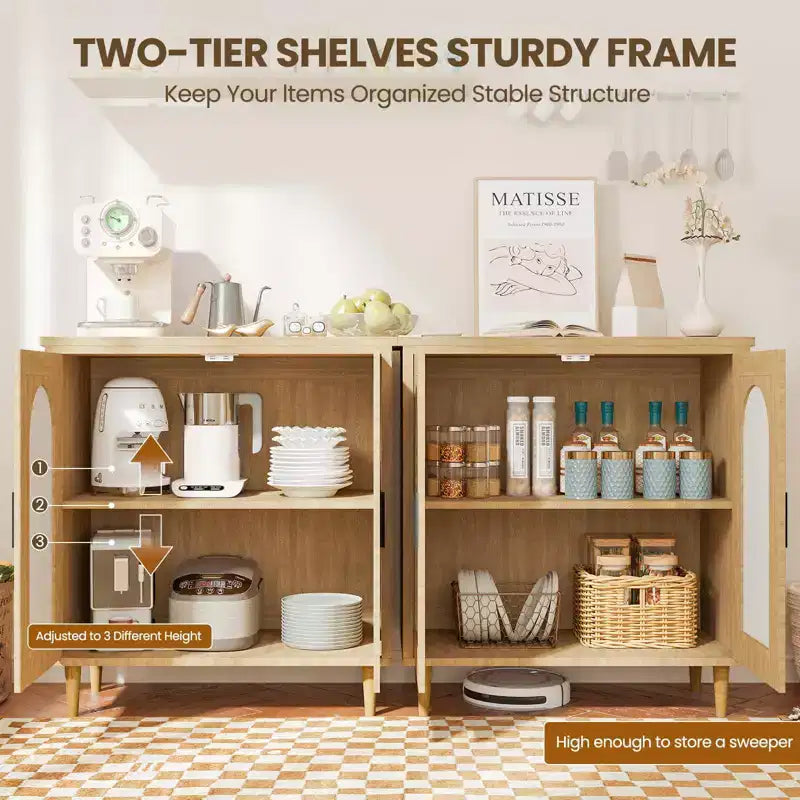 30.51 Credenza Buffet con Rattan, Piedini in Legno Massello, Mobile Contenitore per Cucina e Salotto con Ampio Spazio
