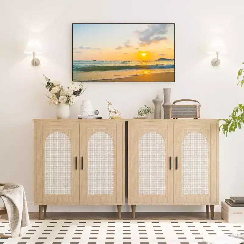 30.51 Credenza Buffet con Rattan, Piedini in Legno Massello, Mobile Contenitore per Cucina e Salotto con Ampio Spazio