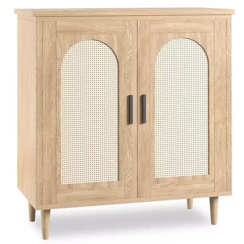 30.51 Credenza Buffet con Rattan, Piedini in Legno Massello, Mobile Contenitore per Cucina e Salotto con Ampio Spazio