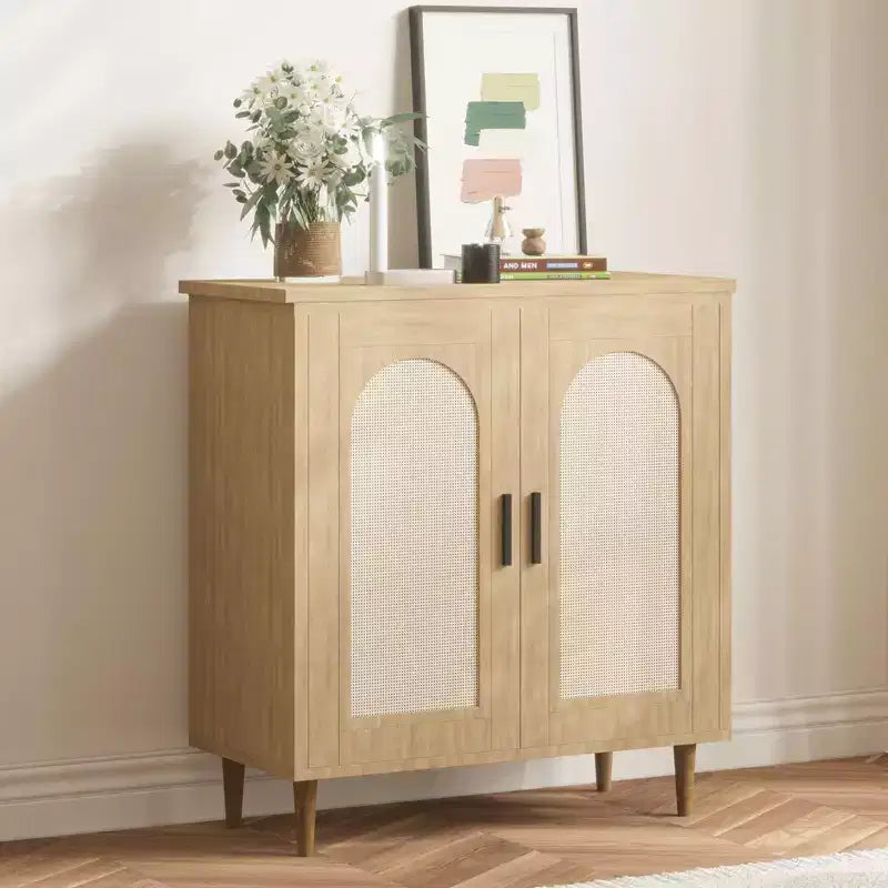 30.51 Credenza Buffet con Rattan, Piedini in Legno Massello, Mobile Contenitore per Cucina e Salotto con Ampio Spazio