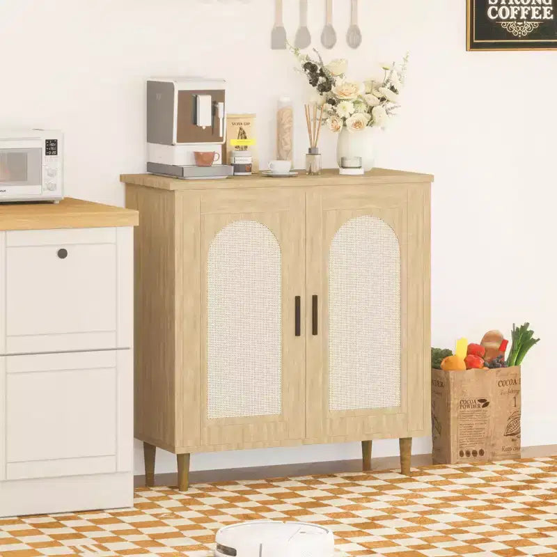 30.51 Credenza Buffet con Rattan, Piedini in Legno Massello, Mobile Contenitore per Cucina e Salotto con Ampio Spazio