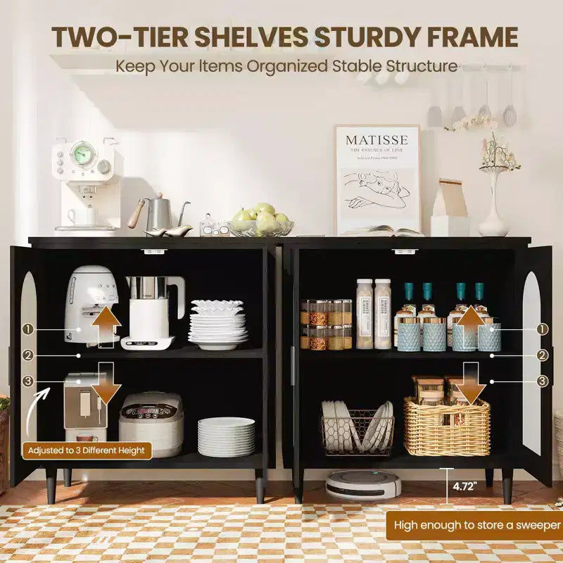 30.51 Credenza Buffet con Rattan, Piedini in Legno Massello, Mobile Contenitore per Cucina e Salotto con Ampio Spazio