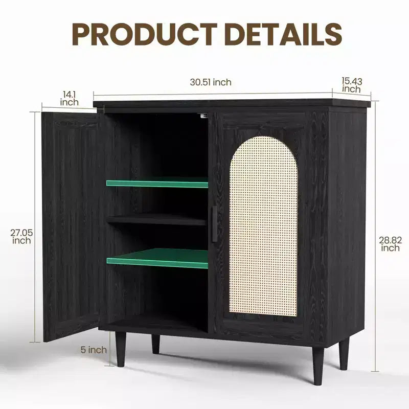 30.51 Credenza Buffet con Rattan, Piedini in Legno Massello, Mobile Contenitore per Cucina e Salotto con Ampio Spazio